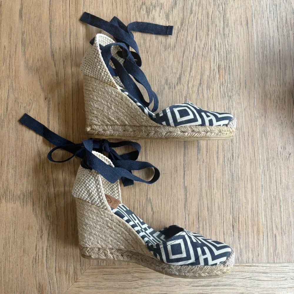 $248 TORY BURCH‎ Ines Wedge Espadrille Navy Geometric Sandal Ankle Tie EU35;US5